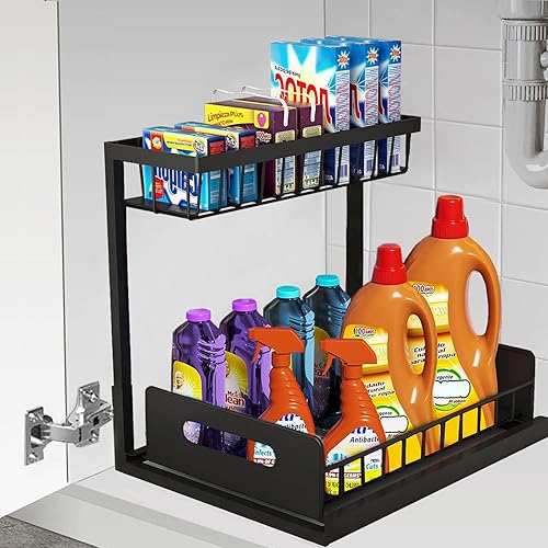 Goroovr Organizadores para debajo del fregadero, organizador de armario de cocina extraíble de 2 niveles deslizantes de metal debajo de la cocina, disponible en Yaxa Peru