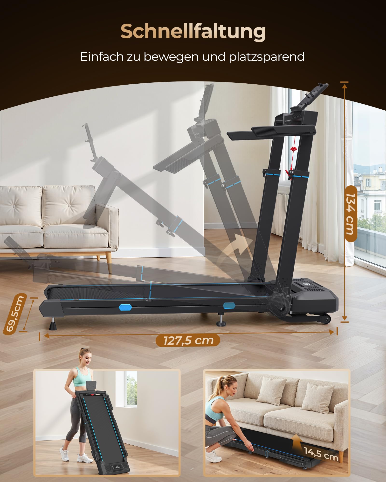 Cardirun Laufband für Zuhause Klappbar mit Automatischer Steigung, 14 KM/H | 6 in 1 Walking Pad mit 104cm Höhenverstellbarer Griff, 14KM/H, 3.5HP Leise Treadmill for Home mit LED-Anzeige, 160 KG