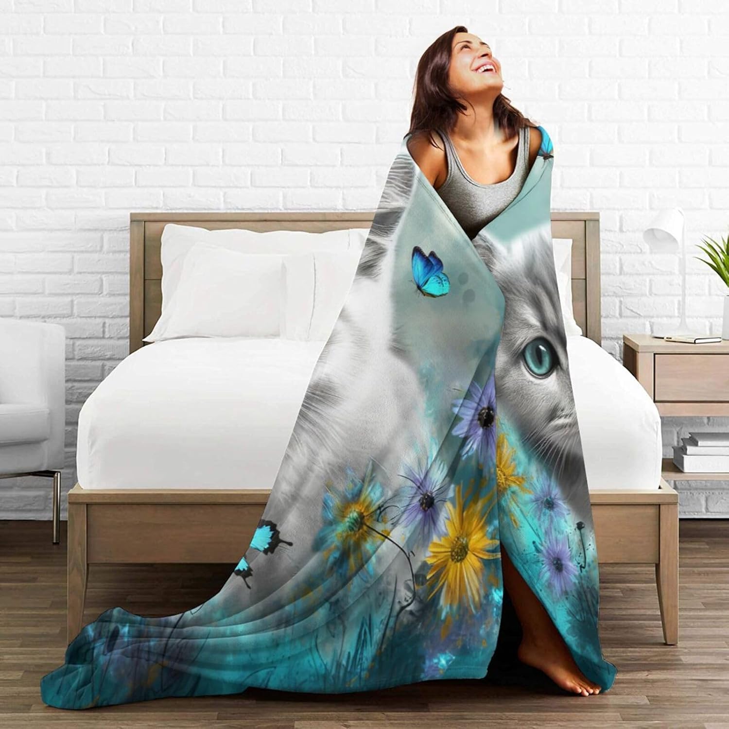 Cute Cat with Blue Butterfly Throw Blanket - Ultra Soft Cozy Fleece Kitten Blanket for Girls, Women & Kids - 60"x80" Cat Lover Gifts