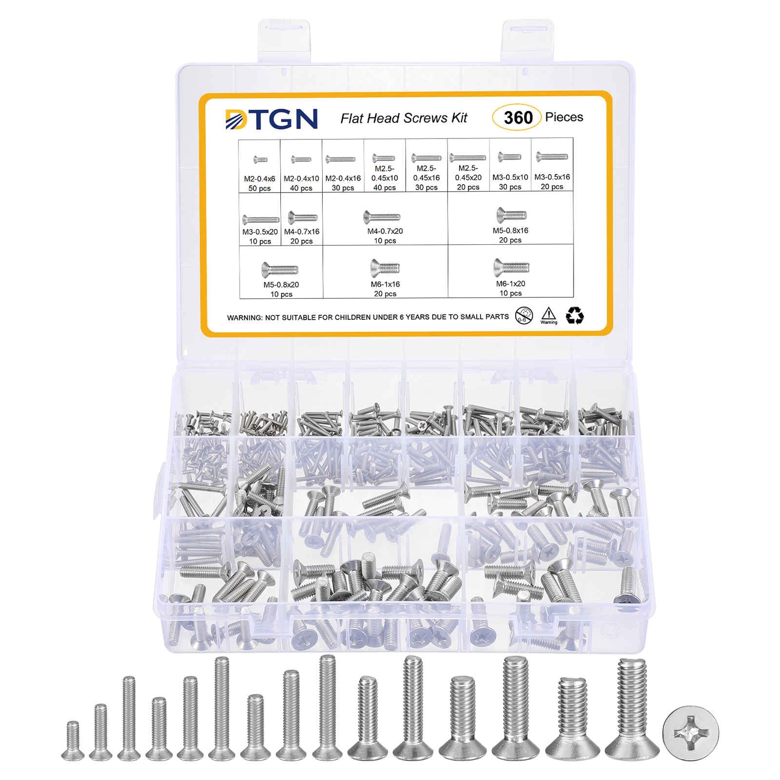 DTGN M2M2.5M3M4M5M6 Flat Head Screws Bolts Assortment Kit - 360pcs - Good for Fastening Repairing - Stainless Steel Phillips Countersunk Screws Set - Silver