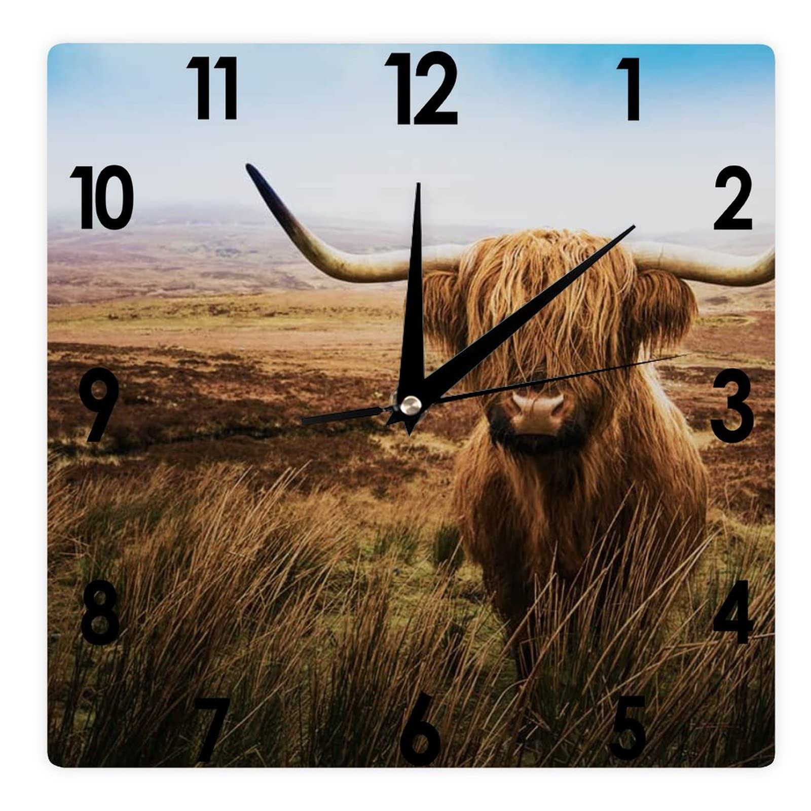 HIGOSS Square Wall Clock Scottish Highland Cow Scotland Silent Non-Ticking Clock 12 Inch, Battery Operated Accurate Landscape/Cityscape Farmhouse/Home/Office Decor