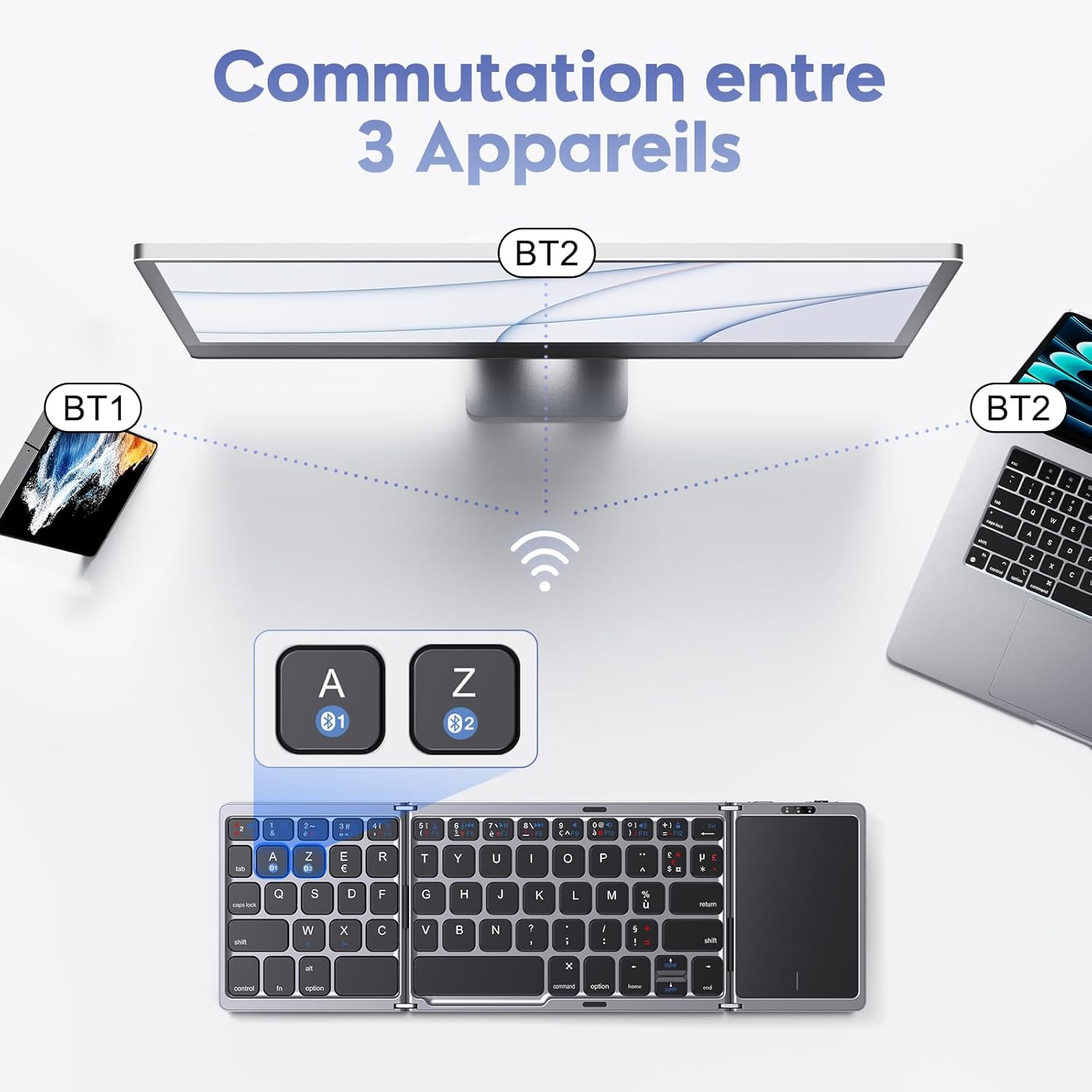 OMOTON KB568 keyboard demonstrating switching between three paired devices (BT1, BT2).