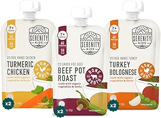 Serenity Kids Puré de caldo de hueso de más de 7 meses hecho con verduras orgánicas | Certificado por la pureza del proyecto de etiqueta limpia | Bolsa sin BPA de 3.5 onzas | Paquete variado | 6 unidades
