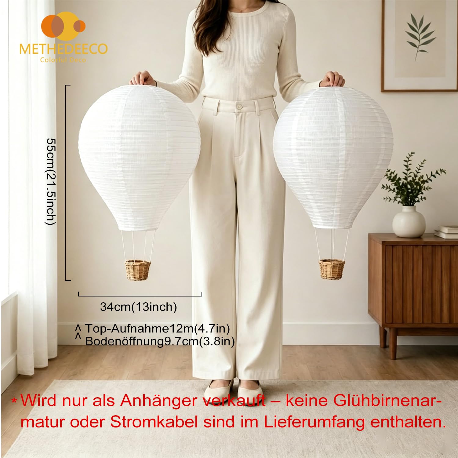 METHEDEECO Heißluftballon Pendellampenschirme Kinderzimmer 2er Set aus Leinen, Hängelampenschirm Weiß 34 x 55 cm, Lampenschirme für Babyzimmer & Spielzimmer, nur Schirme