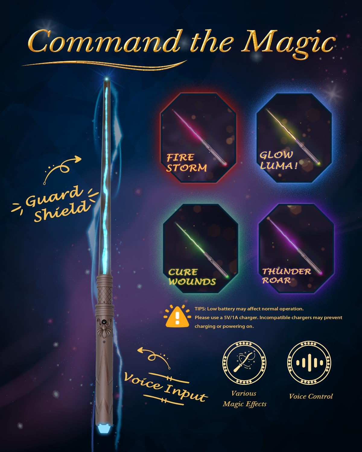 Wizard Spell Wand with Voice-Control & 5 Light Effects, Magic Light Up Wand with Customizable Spells, Rechargeable Remote Control Wand, Kids Witch Toys Gifts for Christmas Cosplay Halloween Birthday
