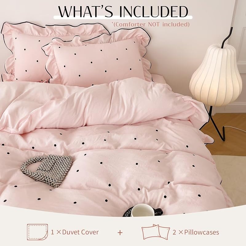 AMZTOP Duvet Cover Queen Size Pink Polka Dot,1 Duvet Cover with 2 Pillowcases,Cute Comforter Cover with Ruffles,3 Pcs Embroidery Aesthetic Coquette Bedding Set for Women Girls 90"×90" image 3