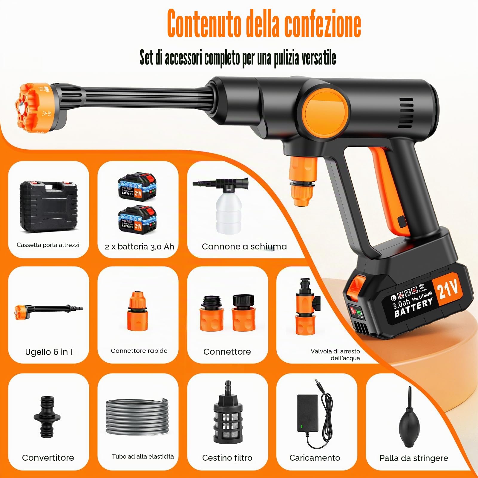 Idropulitrice a Batteria Senza Fili, Idropulitrice Portatile Potente con 2x3000 mAh Batterie, Motore Brushless, 100 Bar, Tubo da 5M, Ugello 6 in 1, Pistola Idropulitrice per Auto Giardino Irrigazione