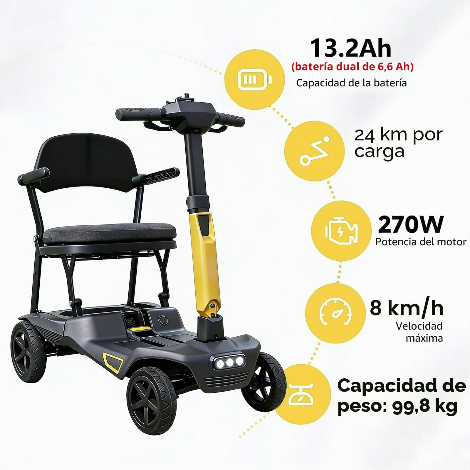 Patinete De Movilidad Plegable Portátil,Patinete De Movilidad Ligero De 4 Ruedas para Adultos,Cestas De Almacenamiento Delanteras Y Traseras,Peso Neto 17 Kg/37,4 LB A