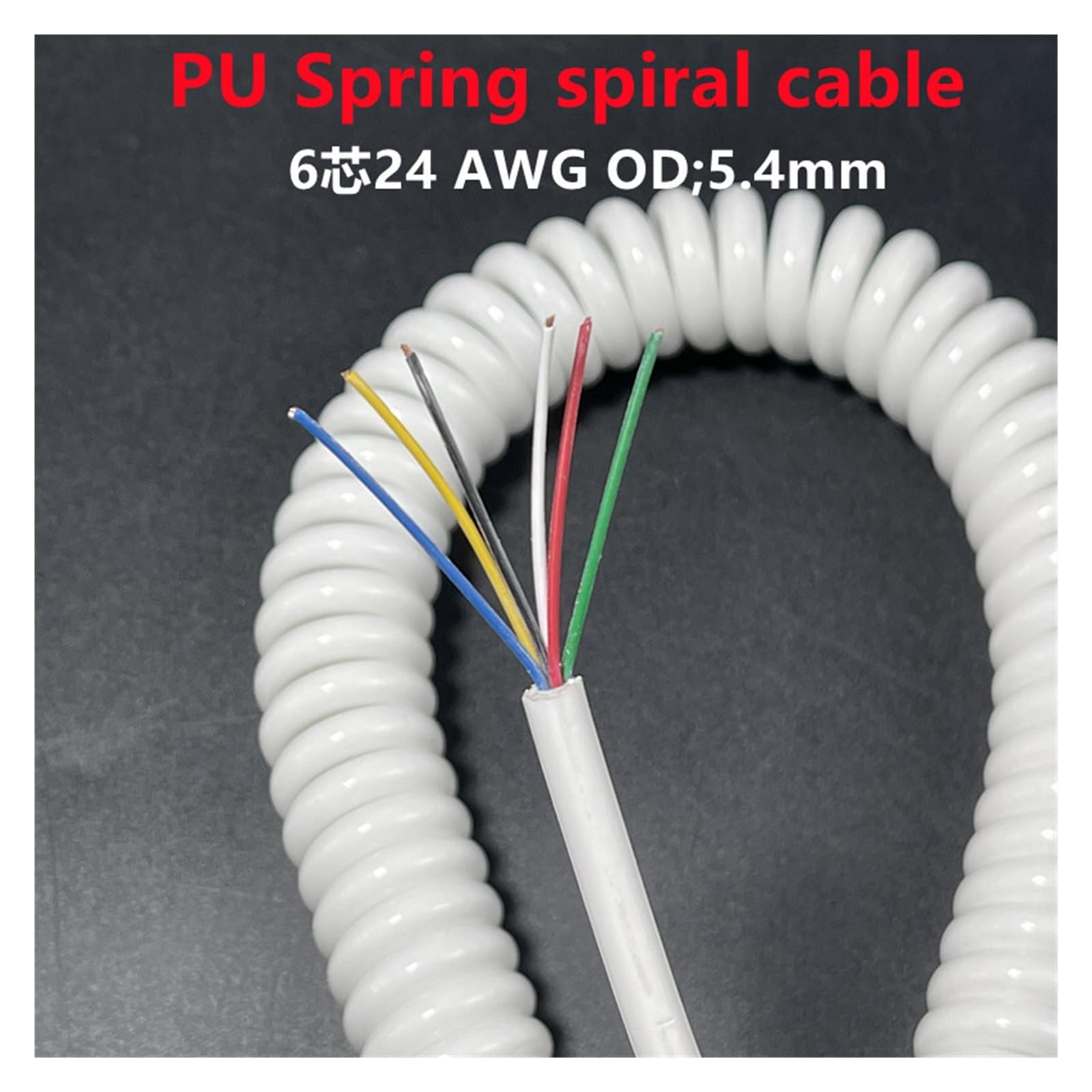Teleskopowy kabel sprężynowy spiralny | 6-rdzeniowy elastyczny kabel elastyczny biały, 24 AWG, 1-14 m (rozciągliwy 3 metry)
