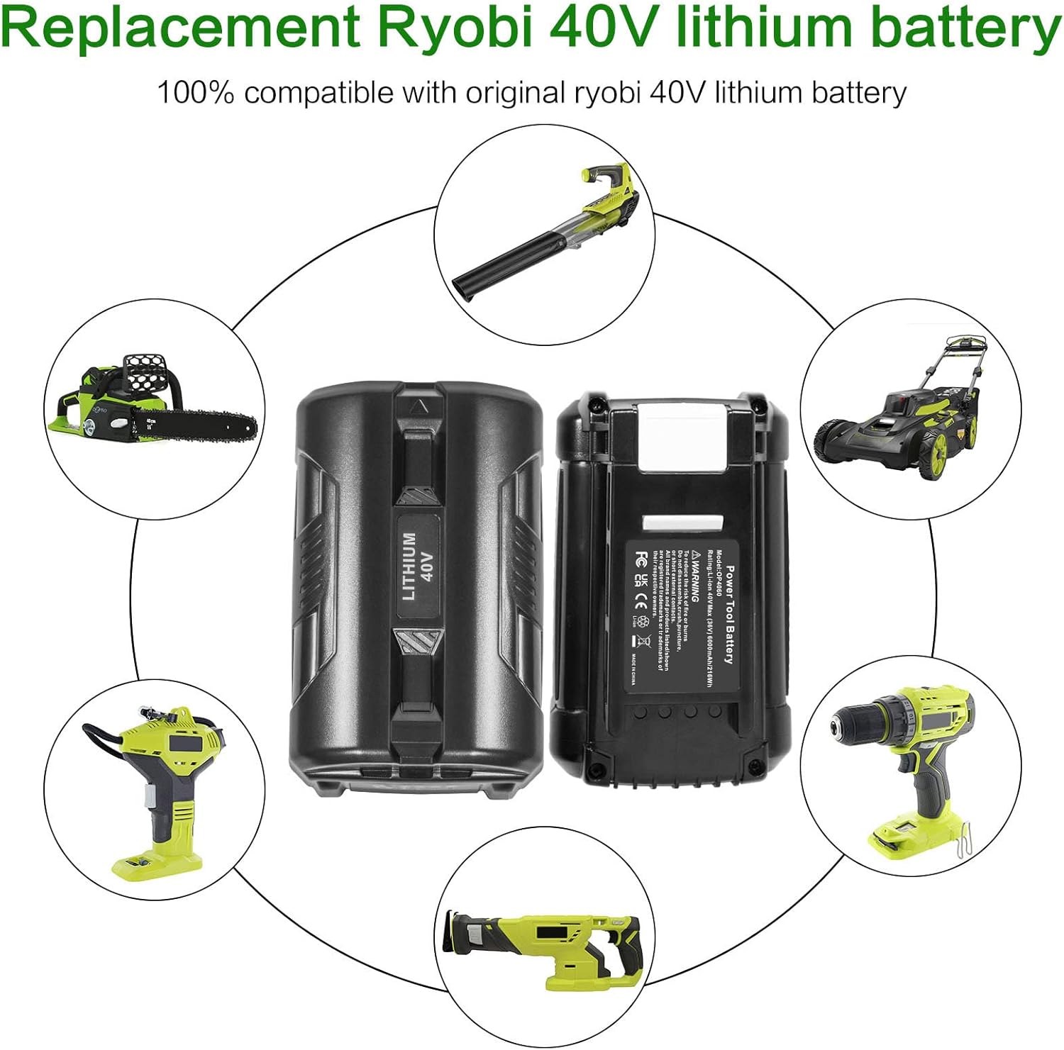 OP4060 40V 6000mAh Lithium Battery Replacement for All Ryobi 40-Volt Power Tools OP4015 OP4026 OP40201 OP40261 OP4030 OP4040 OP40401 OP4050 OP40501 OP4050A OP40601 OP4060A RY40200 RY40403 (2 Pack) - Image 2