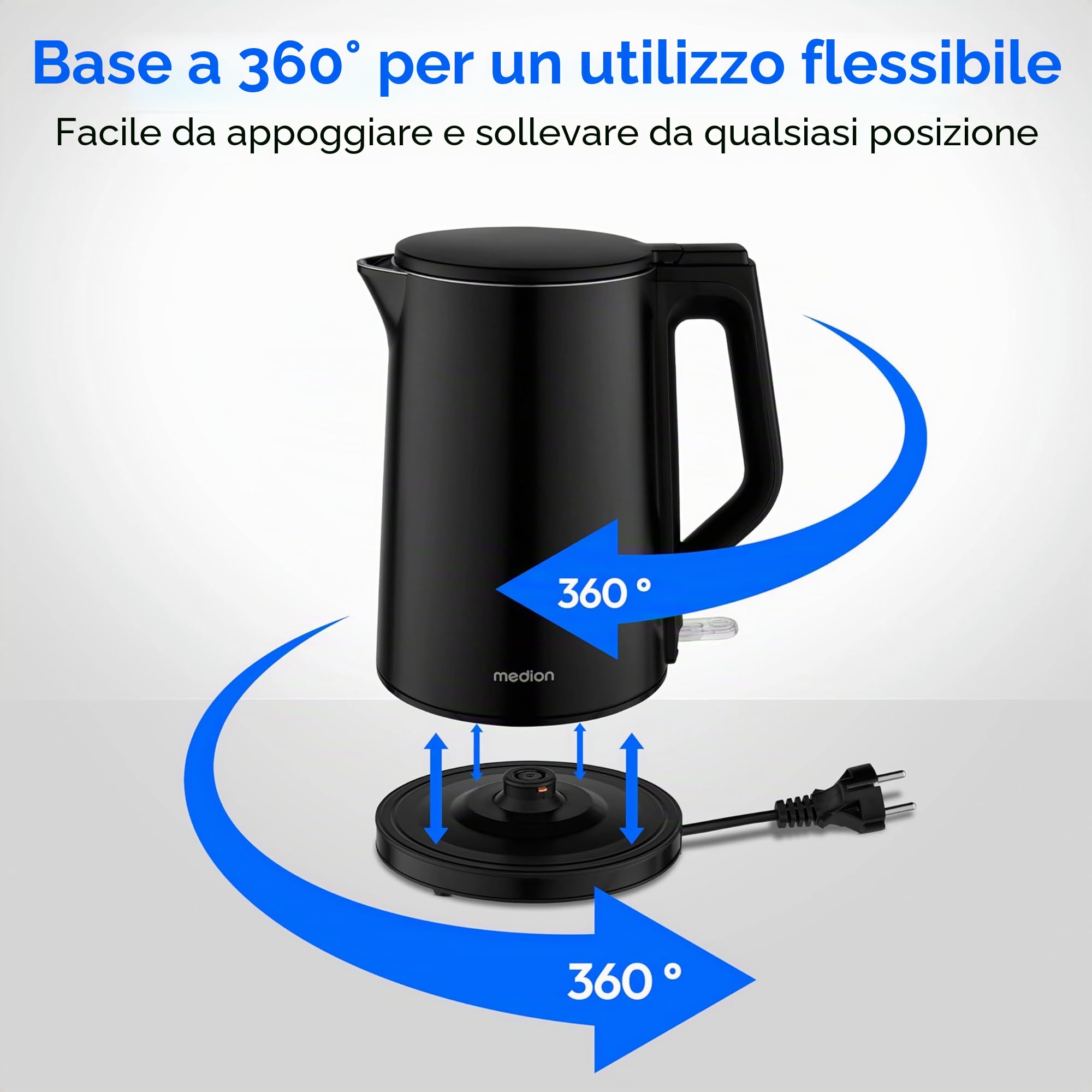 MEDION Bollitore in acciaio inox (1,5 L, 2.200 W, base a 360°, funzione mantenimento, LED, doppia parete, MD12105) nero