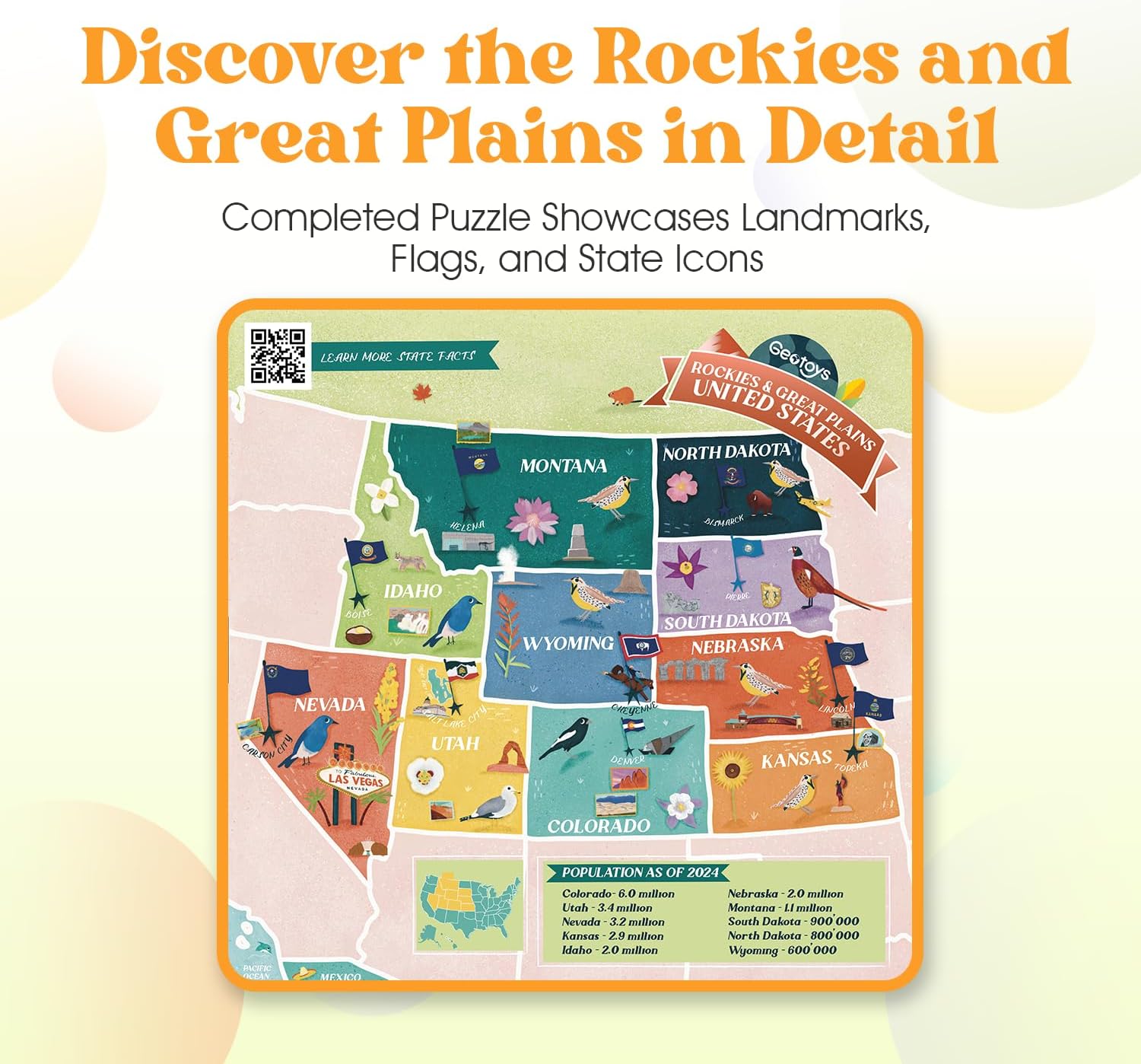 Geotoys Rockies & Great Plains Region Jigsaw Puzzle - Educational and Interactive Map Game - 250 Piece Puzzles - Jigsaw Puzzles for Kids Ages 8-12 - Kids Puzzle Games with Colorful Landmarks
