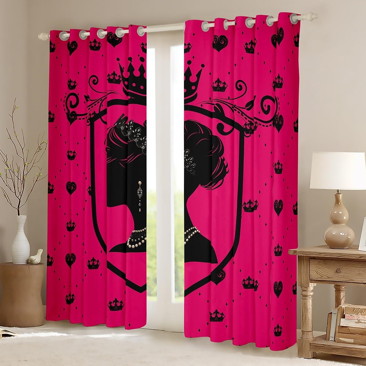 Castle Fairy Princess Silhouette Curtains Kids/Adults Fashion Crown Hearts Graffiti Curtain,Window Treatment Curtain for Boys Girls Room Decor,Girls Princess Style Window Drapes,Top 2 Panel,52Wx63L
