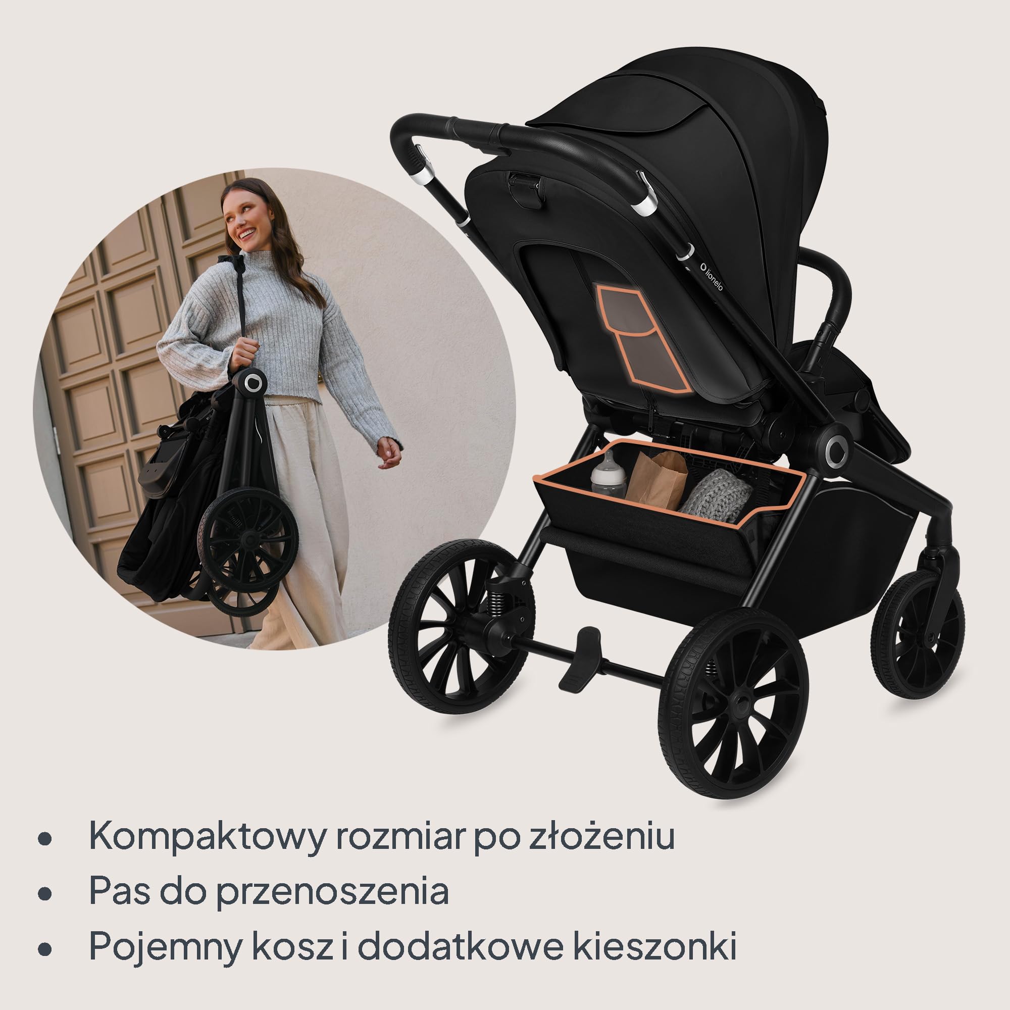 LIONELO MIKA PLUS 2 w 1 Wózek Spacerowy Dziecięcy 0-48 miesięcy do 22 kg Gondola do 9 kg, Regulacja Oparcia i Podnóżka, Amortyzacja, AiryDots, Obrotowe Koła PU 360° Budka XXL (Czarny)