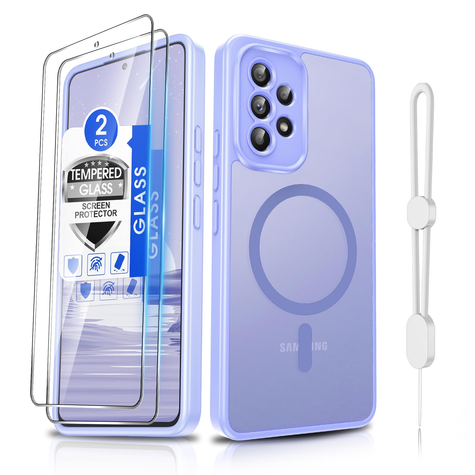 Dizn for Samsung Galaxy A53 Phone Case: with Tempered Glass Screen Protector [Compatible with MagSafe]with Strap,Matte Translucent Cover &amp; Military Grade Shockproof for A53,Funda para A53,Light Purple