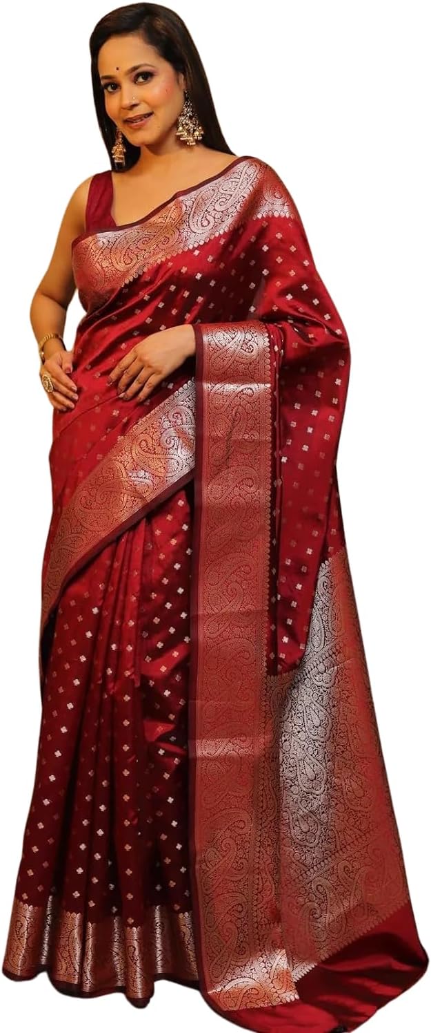 C J Enterprise Women's Banarasi Saree Pure Kanjivaram Style Silk Saree With Blouse Piece for Wedding (KeriButti-51)