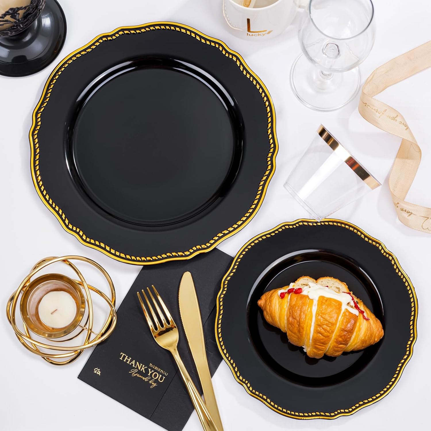 Hioasis 350pcs Black and gold Plastic Plates - Gold Plastic Dinnerware Set Includes 50 Dinner Plates, 50 Dessert Dinnerware, 50 Cups, 50 Rolled Napkin Cutlery Perfect for Wedding & Party - Image 4