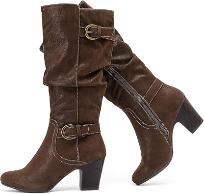 Ruiee Womens Knee High Boots Fall Winter Heeled Boots. | Chunky Heel, Slouchy, Casual Versatile, Comfort, Faux Leather, Round Toe, Side Zipper