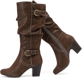 Ruiee Women's Knee High Boots Slouchy Heeled Boots. | Chunky Heel, Casual Versatile, Cute, Side Zipper, Comfort, Faux Leather, Round Toe