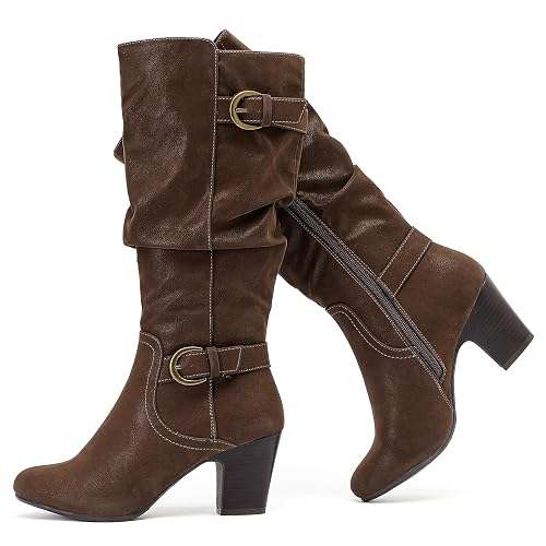 Ruiee Kniehohe Damenstiefel. | Chunky Heel, Slouchy, Herbst, Winter, lässig, vielseitig, Komfort, Kunstleder, runde Zehenpartie - 42.5 EU - Braun Zpu 301