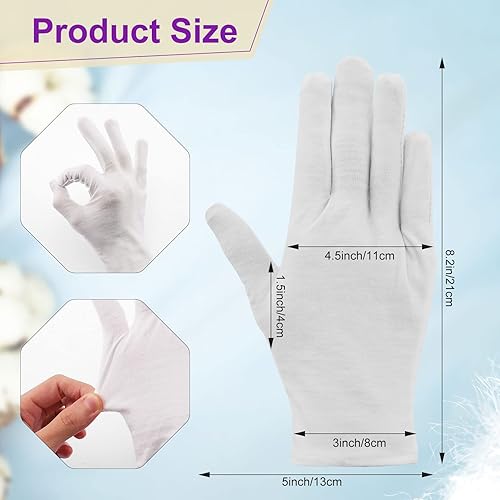 Miniatura 3 de 24 pares de guantes de algodón suave, lavables, hidratantes, aptos para eczema, elásticos para inspección de monedas, hombres y mujeres, Blanco