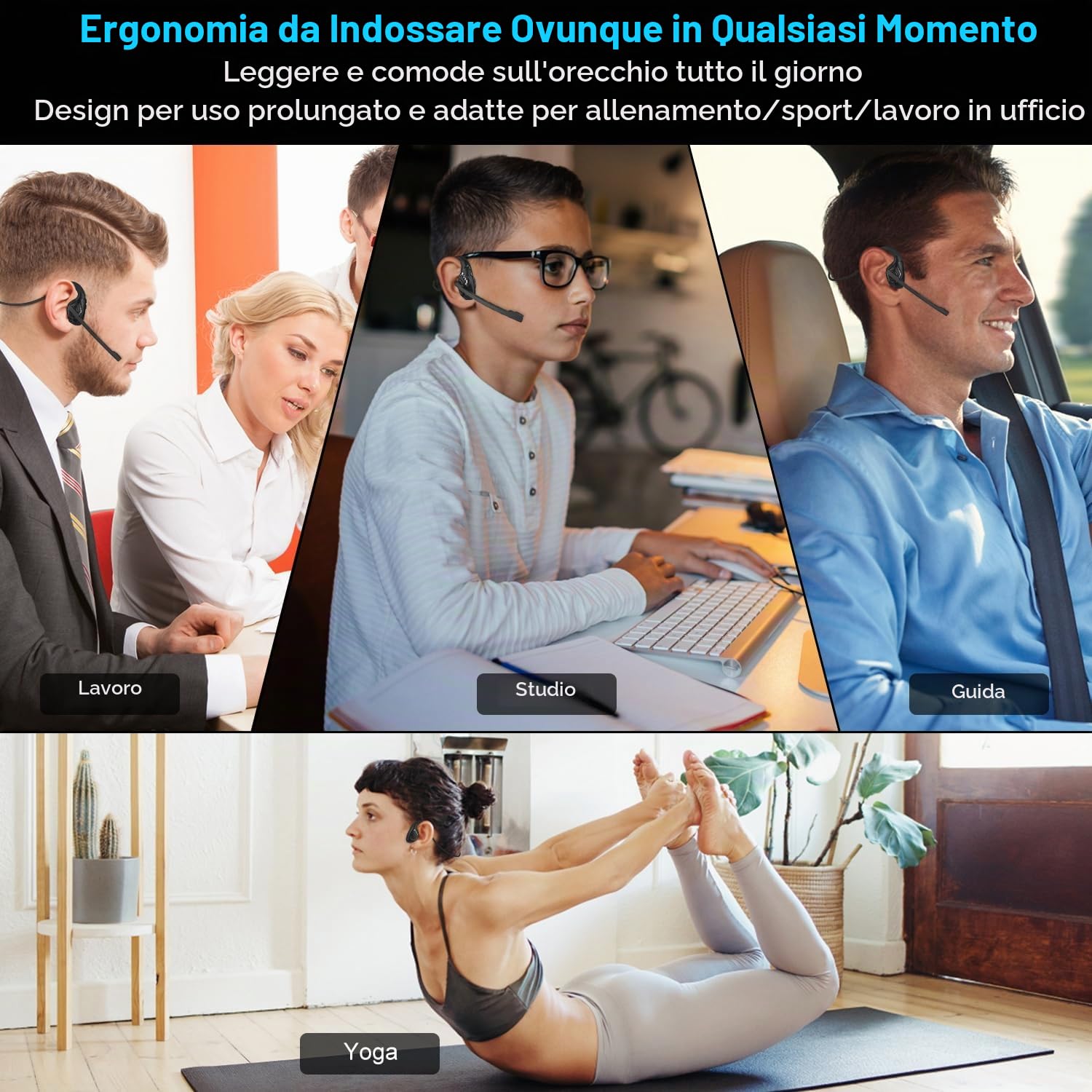 iDIGMALL Ultime cuffie Bluetooth 5.2 w/CVC8.0 Noise Cancellazione Mic Boom, cuffie stereo wireless a conduzione d'aria aperto/auricolare, corsa, apprendimento degli studenti