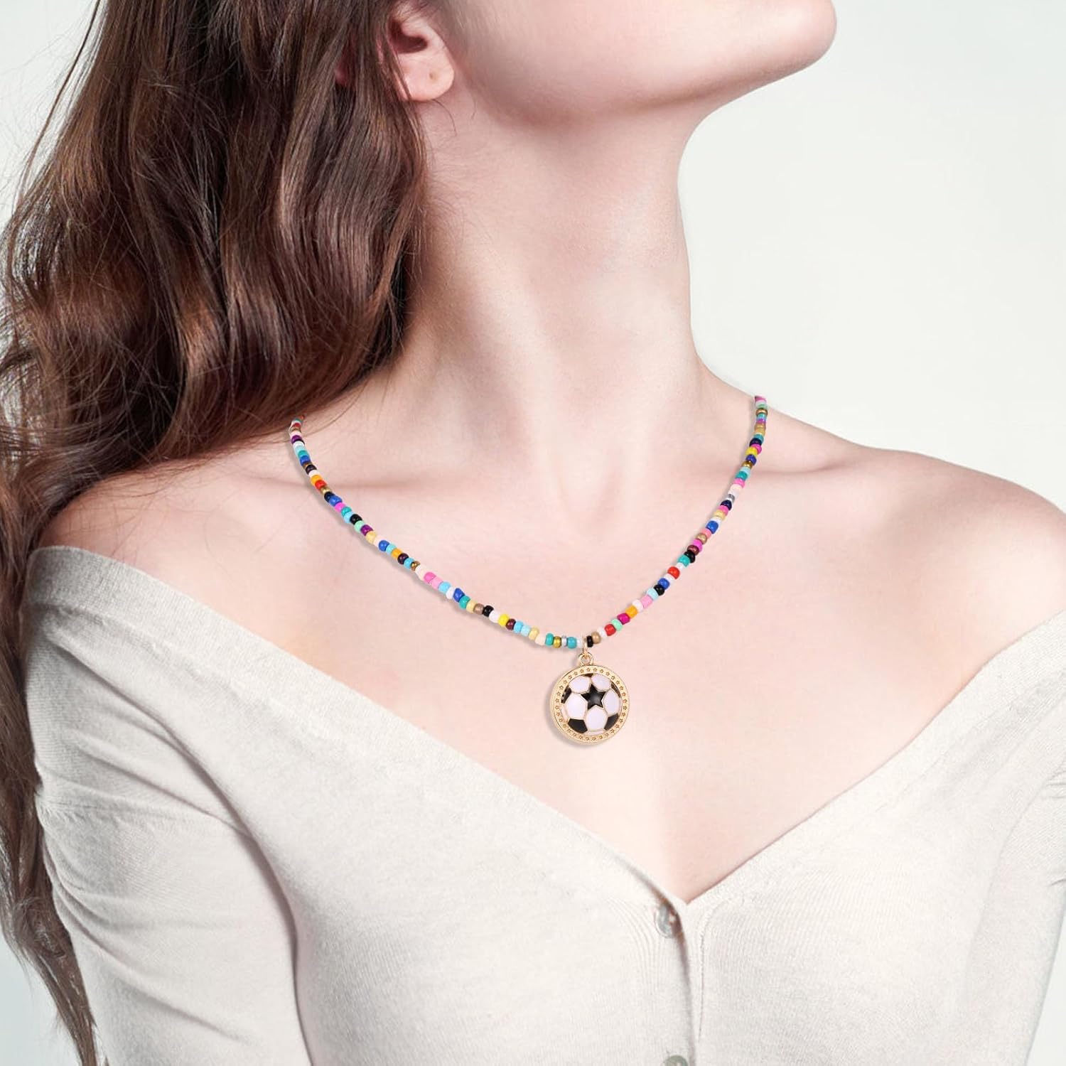 2pcs Soccer Colorful Beaded Necklace Set, Adjustable Football Pendant Necklaces for Women Sports Fan Team Jewelry Gift - Image 5