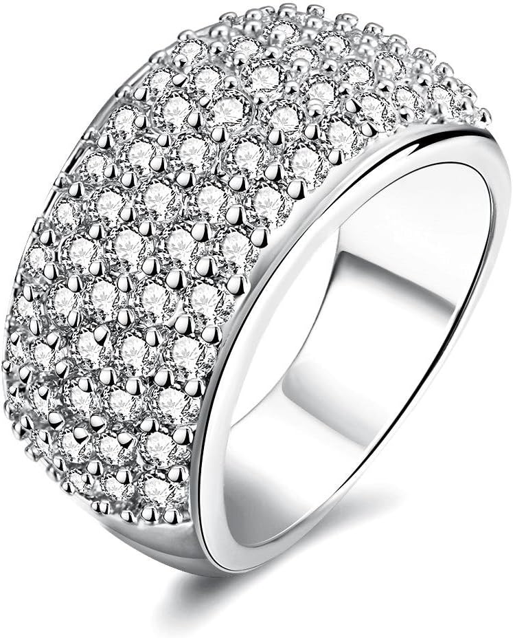 Women Silver Color Round Cubic Zirconia Wide Eternity Band Wedding Engagement Rings for Girls CZ Pave Setting Comfort Anniversary Ring for Women Ladies CR002
