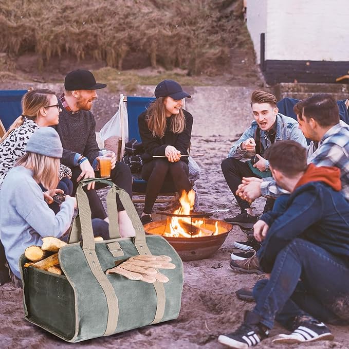 Haegs Fermuarlı Ağır Hizmet Çantası, 2in1, Şömine Odun Çantası, Waxed Kanvas, Yakacak Kütük Taşıma Depolama Çantası [Şömine Odunluk Kamp Ateş Çukuru Odun Sobası Malzemeleri Çantası] - Timsah Yeşili