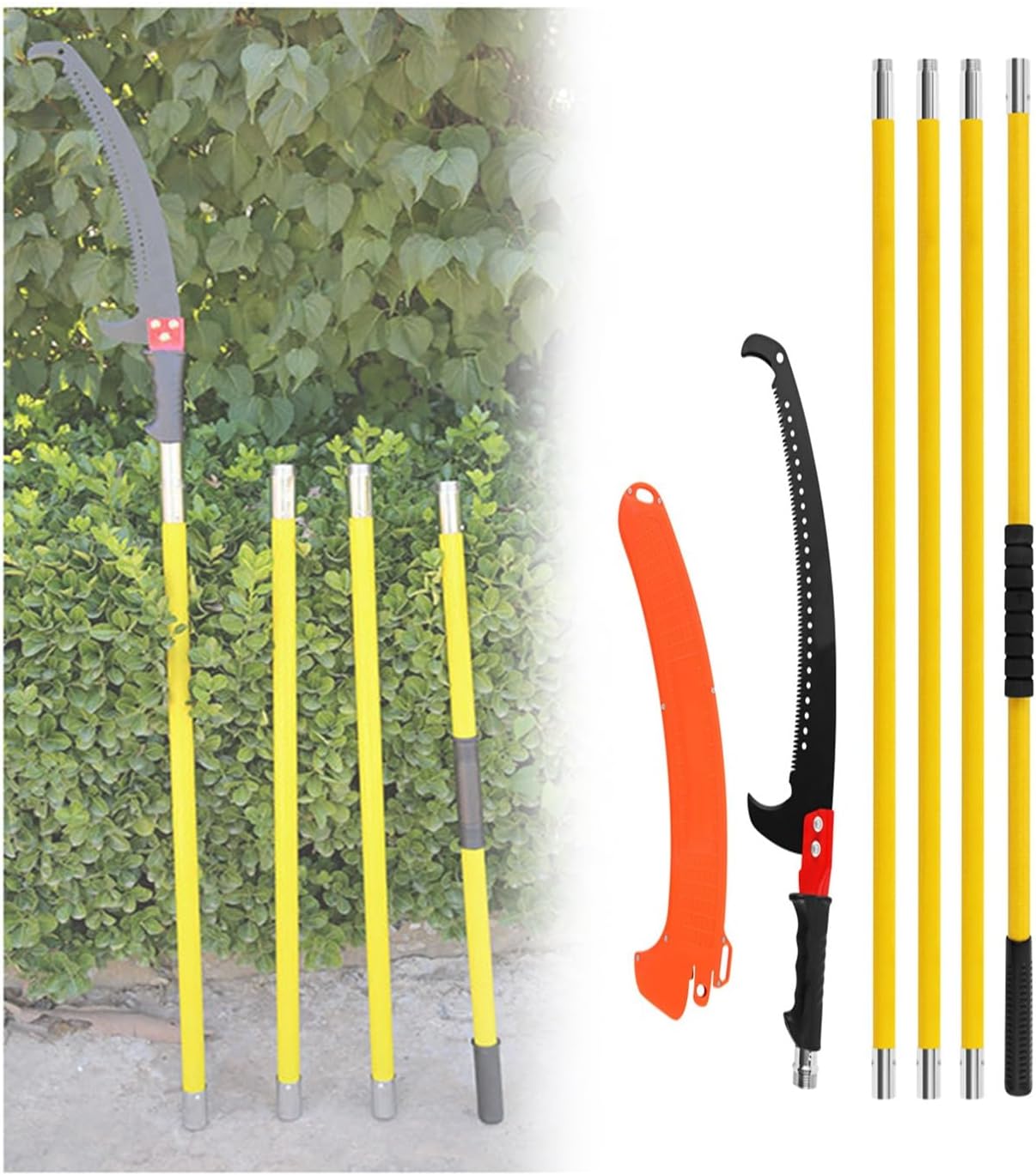 Extendable Manual Pole Saw 7.3-27 Ft Lightweight Tree Pruner with Sharp Steel Blade Featuring 8 Fiberglass Handles for Palms and Garden Maintenance(Vermelho)