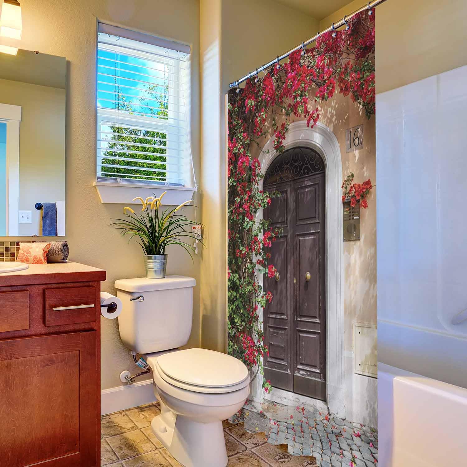 Woutay Shower Curtain Water Repellant Fabric Vintage Wooden Door Flowers,Mould Proof Resistant,Polyester,with 12 Plastic Hooks - Image 4