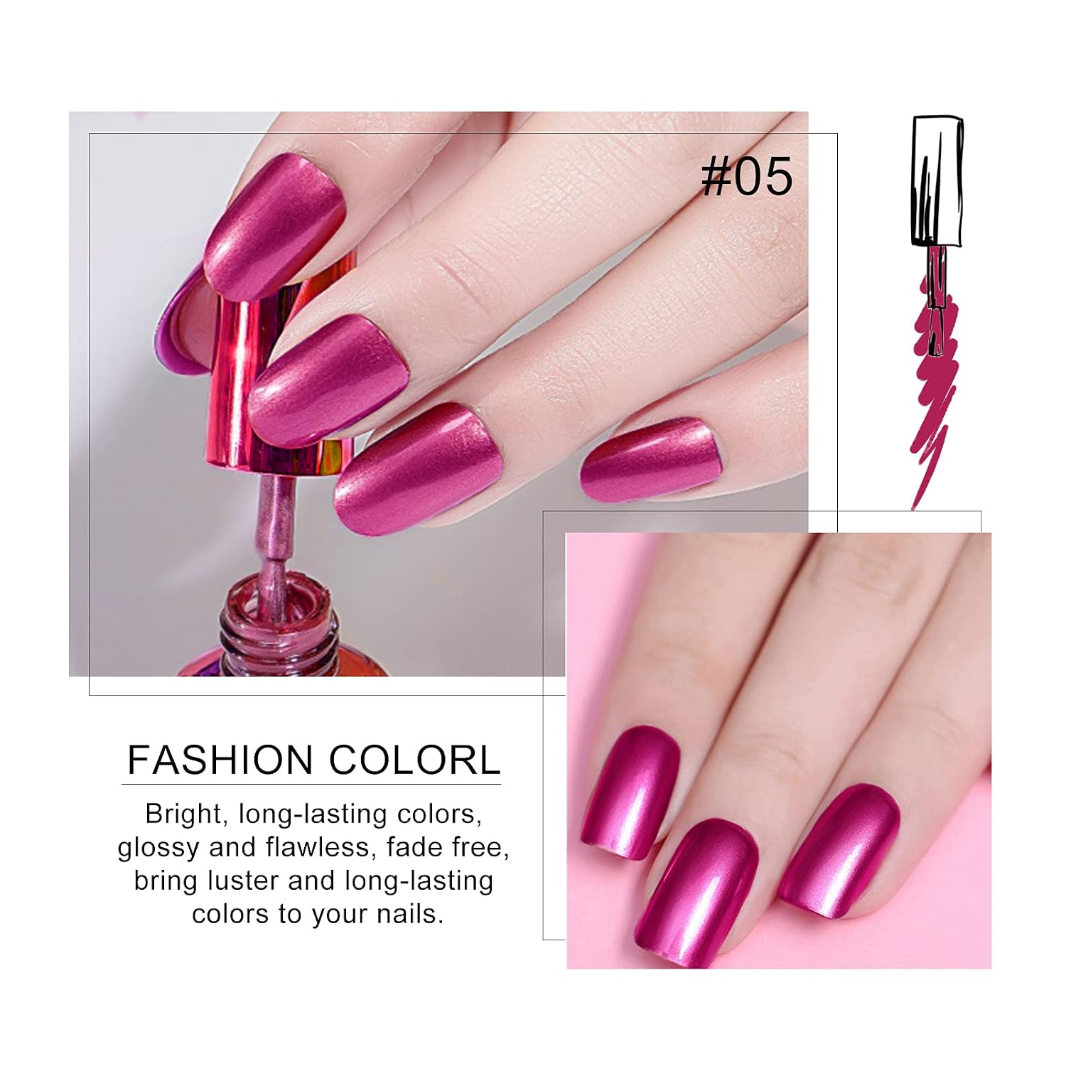 Hot Pink Metallic Nail Polish, Mirror Shiny Metal Effect Long-Lasting Quick Dry Nail Lacquers, Multicolor High Gloss DIY Nail Art Gel Polish(05,18ml) image 2