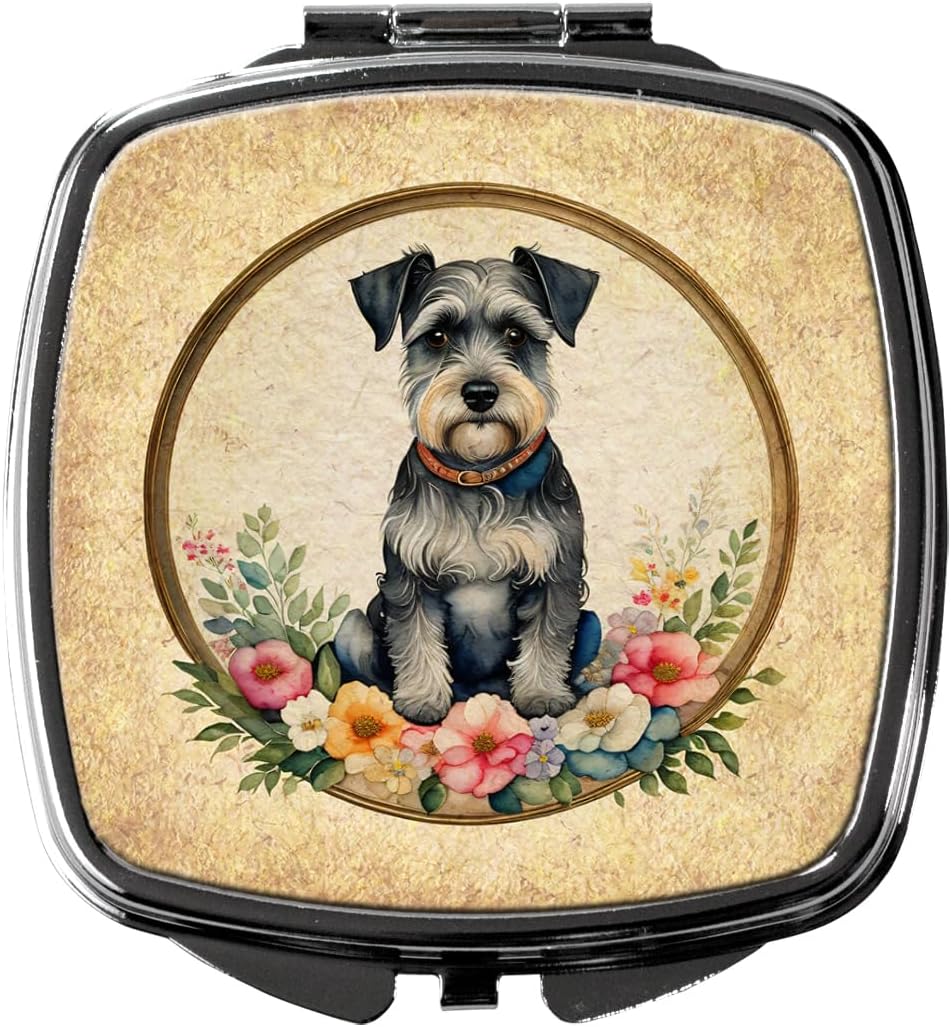 Caroline's Treasures Schnauzer and Flowers Compact Mirror Decorative Travel Makeup Mirror for Women Girls Gifts Pocket Makeup Mirror Folding Handheld