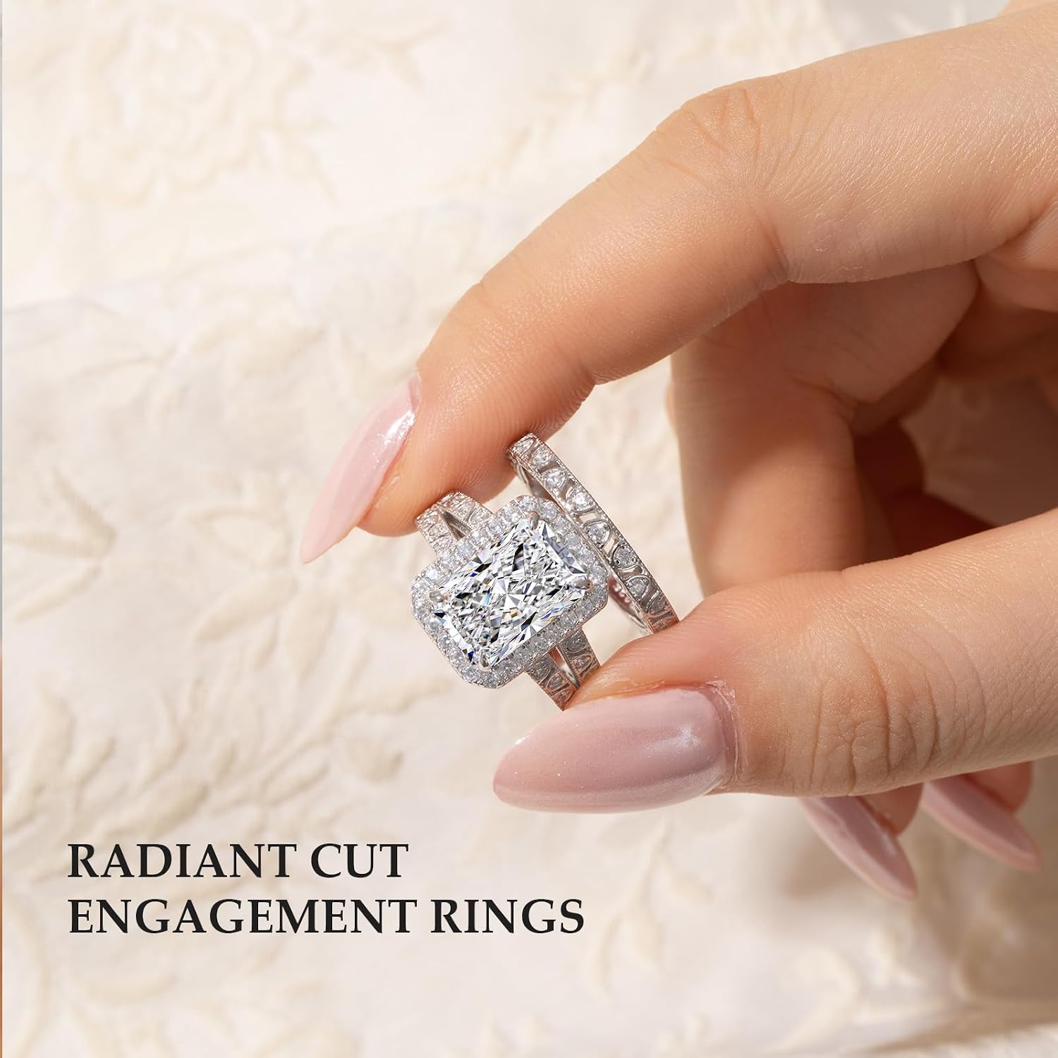 AVECON 5CT Radiant Cut Engagement Ring Set, 925 Sterling Silver White Gold Filled, Halo Cubic Zirconia Bridal Ring Set for Women, Vintage Filigree Wedding Bands Anniversary Promise Gift, Size 5-9
