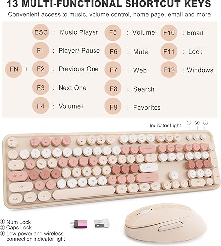 Miniatura 4 de Teclado y mouse inalámbricos, teclado de máquina de escribir de tamaño completo con teclas redondas retro, diseño ergonómico, compatible con PC con