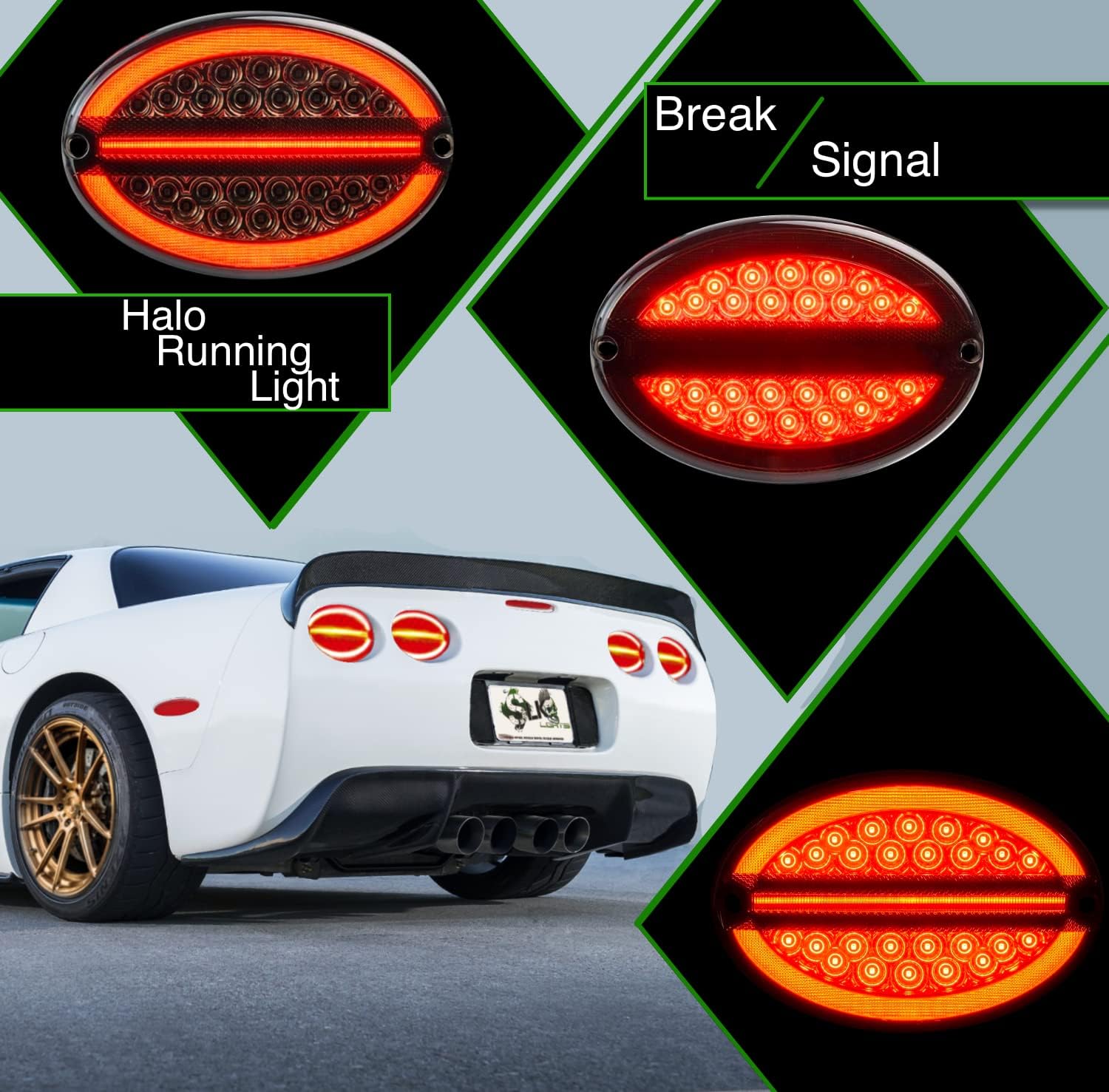 SLK Lights C5 Red Laser Halo LED Tail Lights turn signal blinker break lamp kit W/Hyper-Flash Harness compatible with 1997-2004 C5 Corvette OEM#16523533 16523534 (Red Tinted Lens)