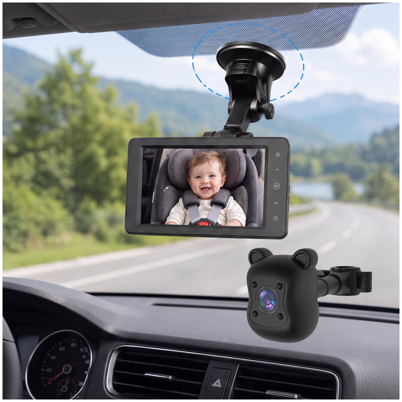 Camara Coche Bebe, Vigilabebes con Camara | Doble Cámara, Gran Angular Hd Sin Ángulos Muertos, Visión Nocturna Segura Y Respetuosa con Los Ojos, Alimentación Por Usb.