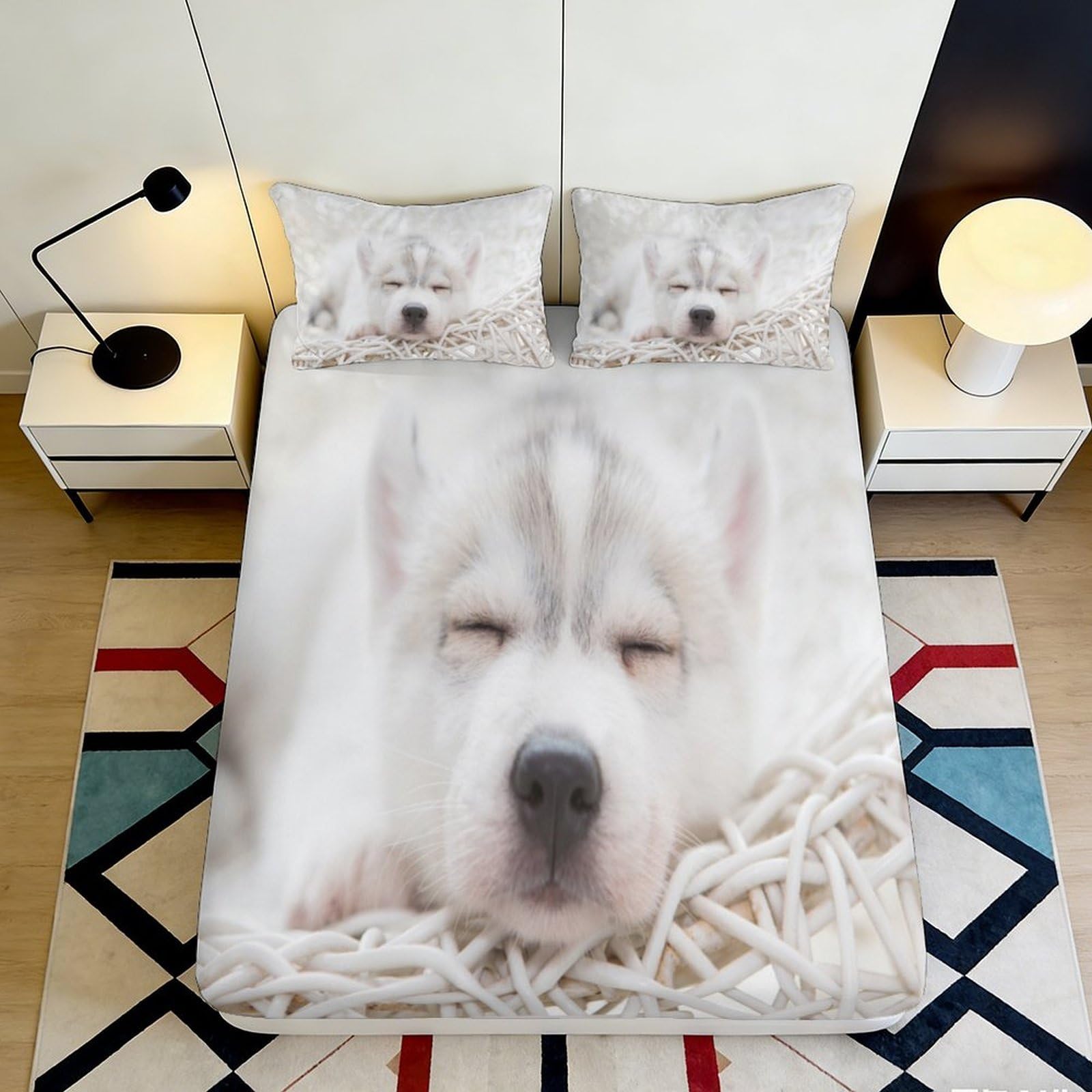 3D Printed Husky Puppy Fitted Sheet Microfiber Soft Non-Slip Mattress Cover for Bedroom Guest Room Dorm Decor 140x200x25cm