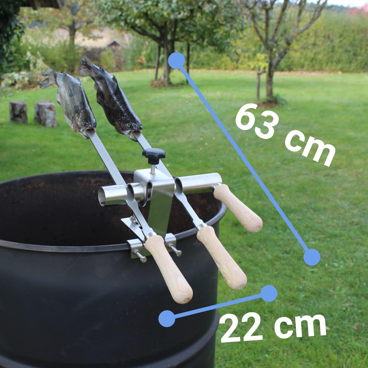 Premium Steckerlfisch Halter für Feuerschale - Platz für 2 Fische - Fisch Grill Aufsatz passt auf jede Feuerschale - stufenlos verstellbar - Fischhalter 100% Edelstahl - Asado Grill für Feuerschale
