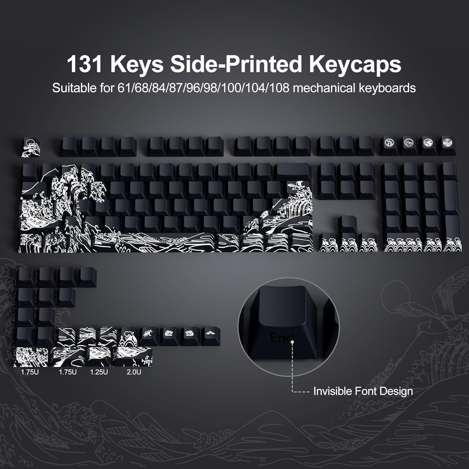 Catekro Shine Through Keycaps PBT Dye Sub Keycap Set, Side Print Keycaps, 131 Touches Cherry Profile Custom Keycaps, Wave of Kanagawa Double Shot Key Caps pour Claviers Mécaniques