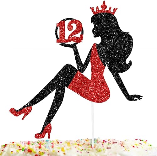 Decoración de pastel con silueta de niña sentada roja y negra con glamour para dama 56 cumpleaños temática reina suministros de decoración de fiesta