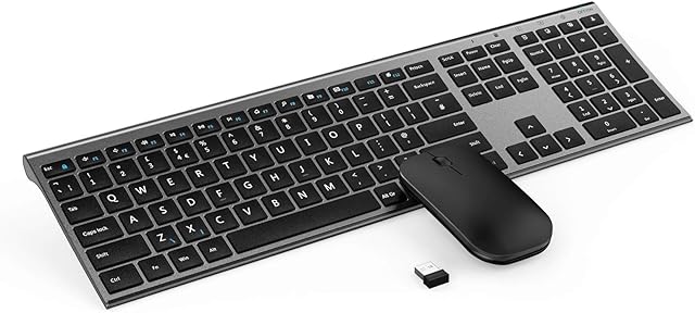 2.4GHz USB Wireless Full Size Keyboard and Mouse Combo, Silent Rechargeable Slim Keyboard and Mice Set UK Layout, 12 Multimedia Function Keys, Space Gray