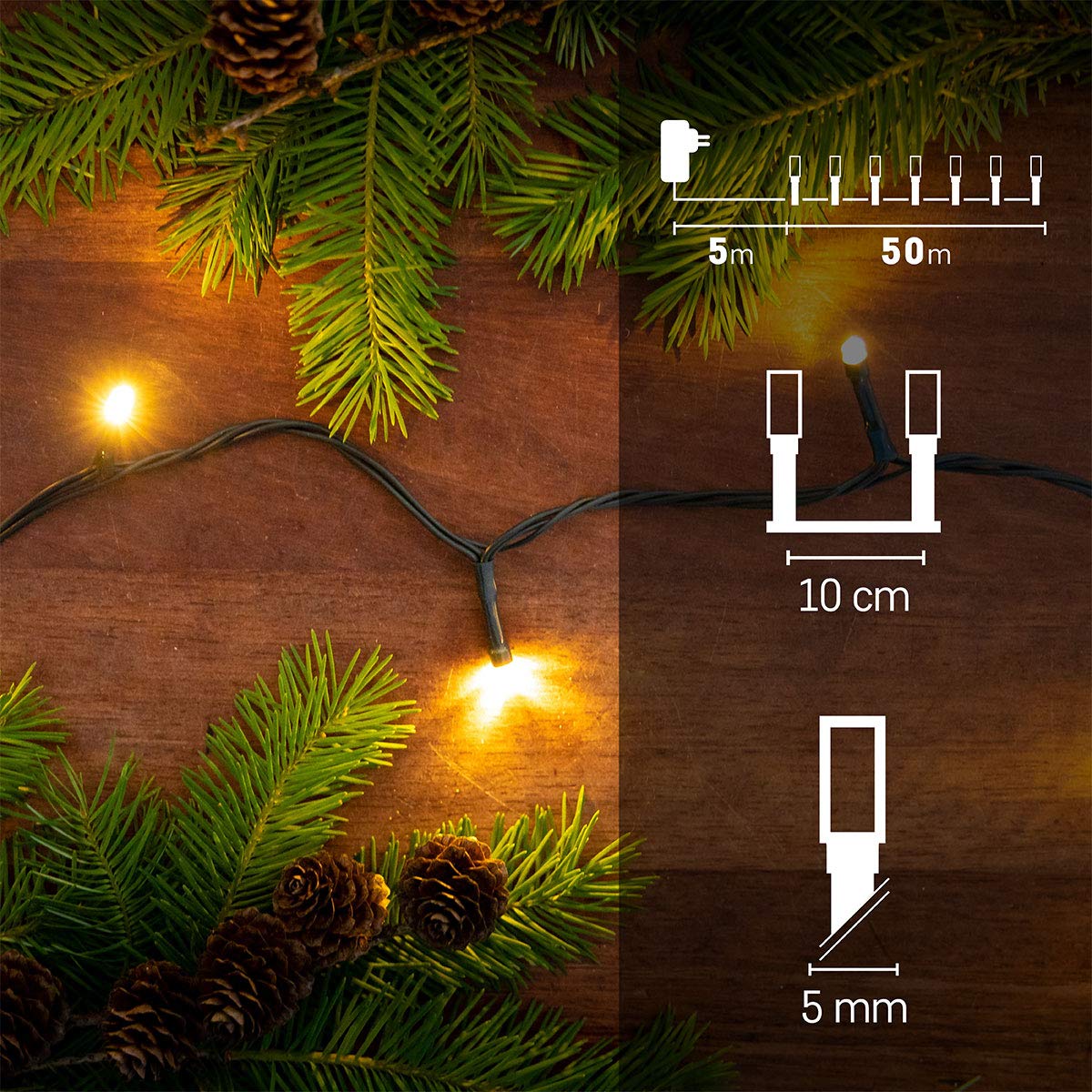 EMOS Catena luminosa LED Classic con timer | Luci di natale lunghezza di 50 m, 500 LED, 230 V con spina | Illuminazione d'atmosfera per interni ed esterni, Impermeabile IP44 | Colore: bianco caldo