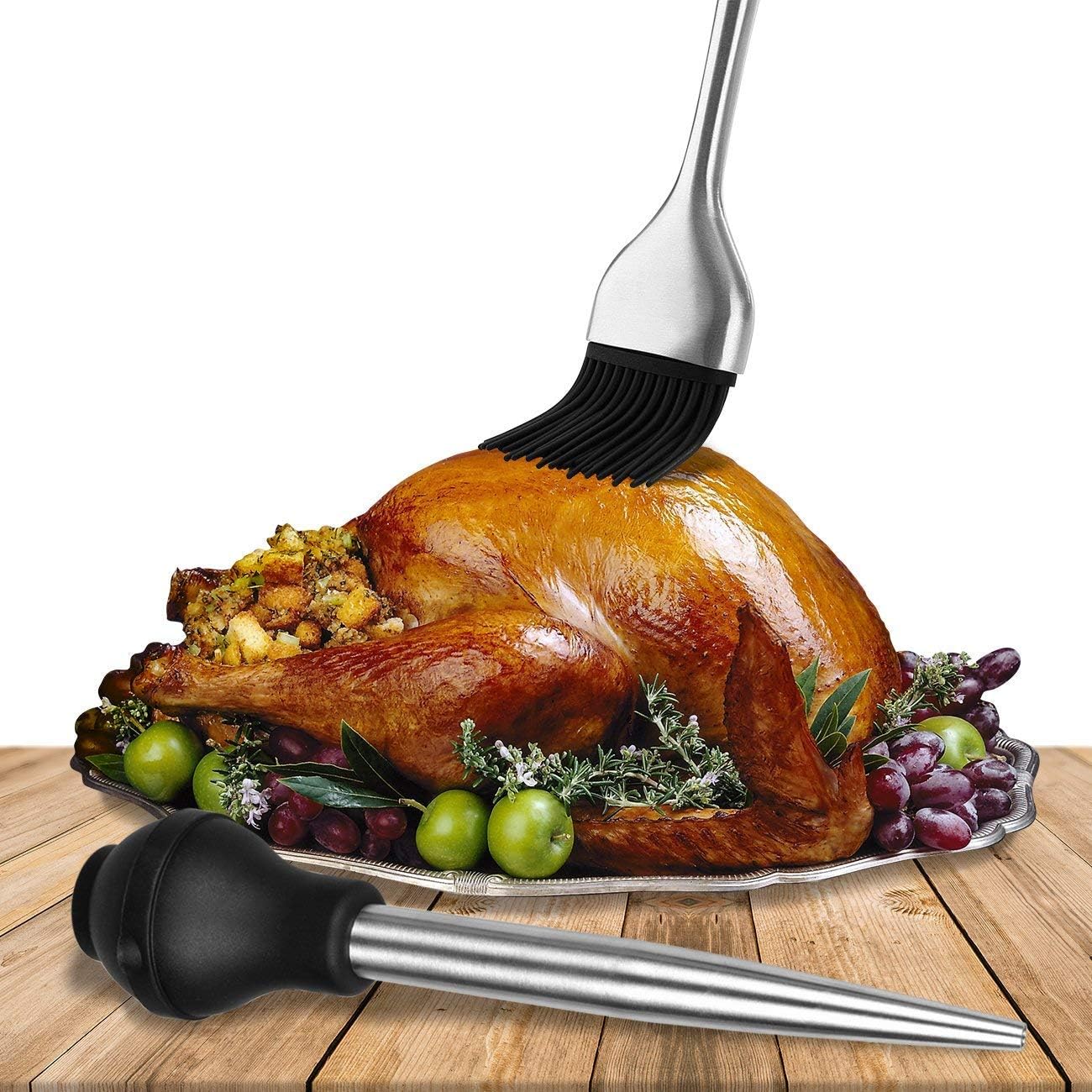 18/8 Stainless Steel Turkey Baster Syringe - Injector Needle With Cleaning Brush - Food Grade Silicone Bulb & Heavy Duty 12 Inch Stainless Steel Handle Silicone BBQ Basting Brush