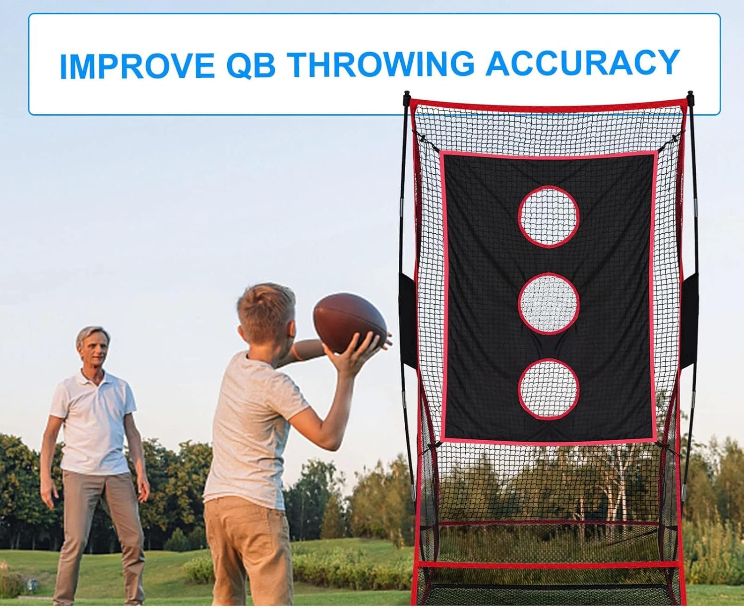 PGL Football Net for Throwing Accuracy - 3x6 ft Kicking Cage with 3-Hole Target Cloth - Heavy Duty Quarterback Training Equipment for Adults and Youth - Portable Backyard Trainer Aid with Carry Bag