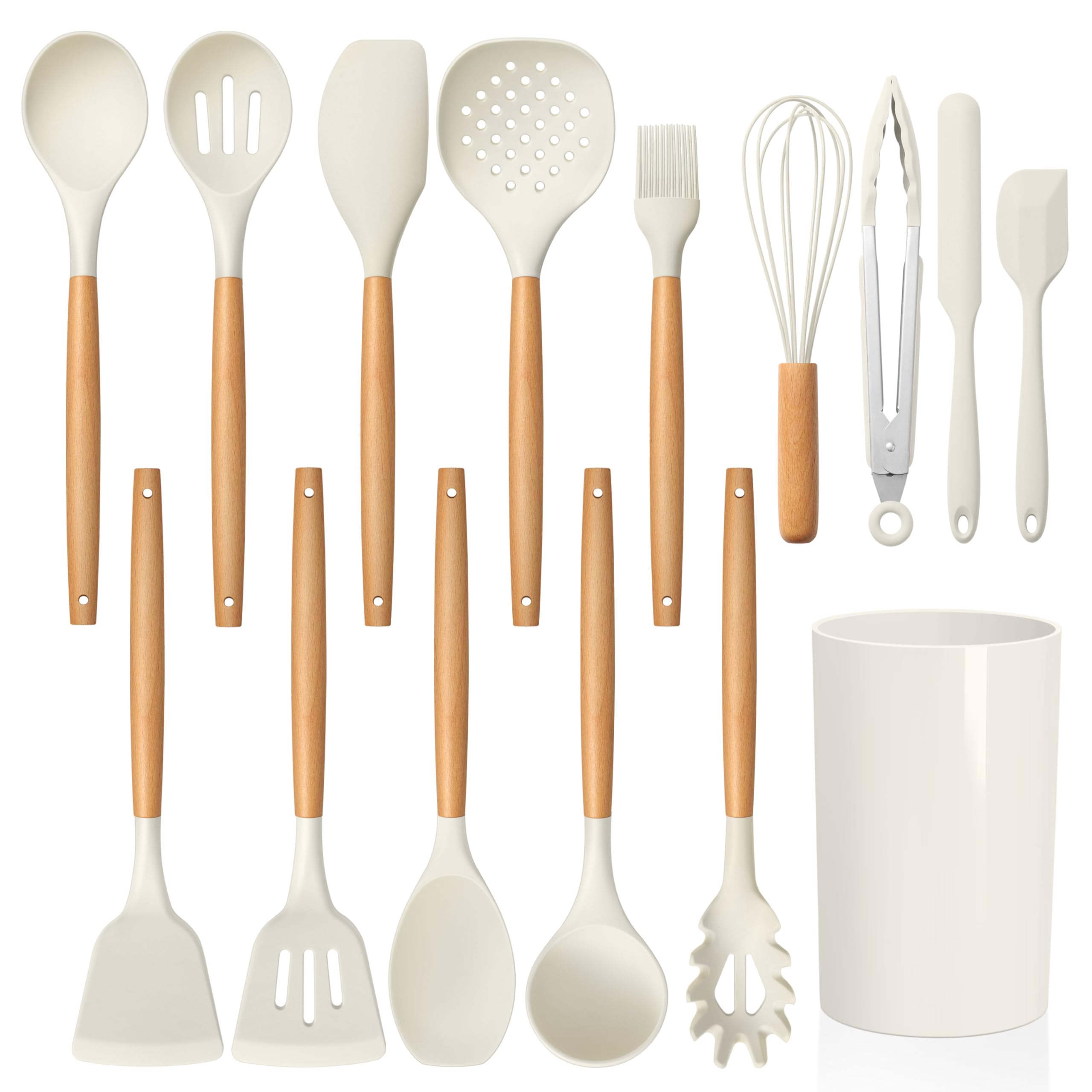 LIANYU Juego de 15 utensilios de cocina de silicona con soporte, resistentes al calor, para utensilios de cocina antiadherentes, juego de espátulas de cucharón no tóxicos con mango de madera, color