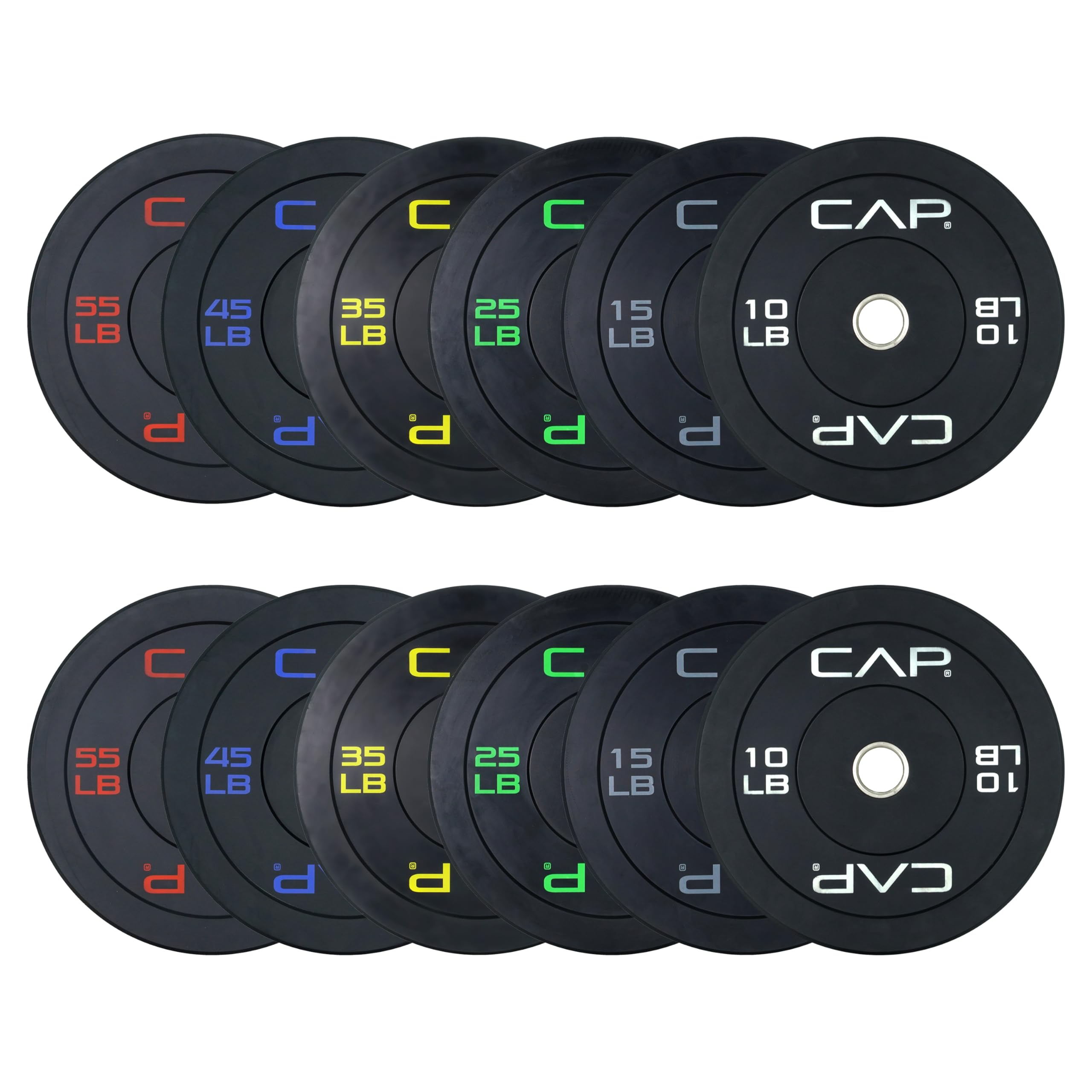 CAP 2-inch Olympic Bumper Plate Weight Set | 100-370 lbs | Multiple Colors | Storage Rack Optional
