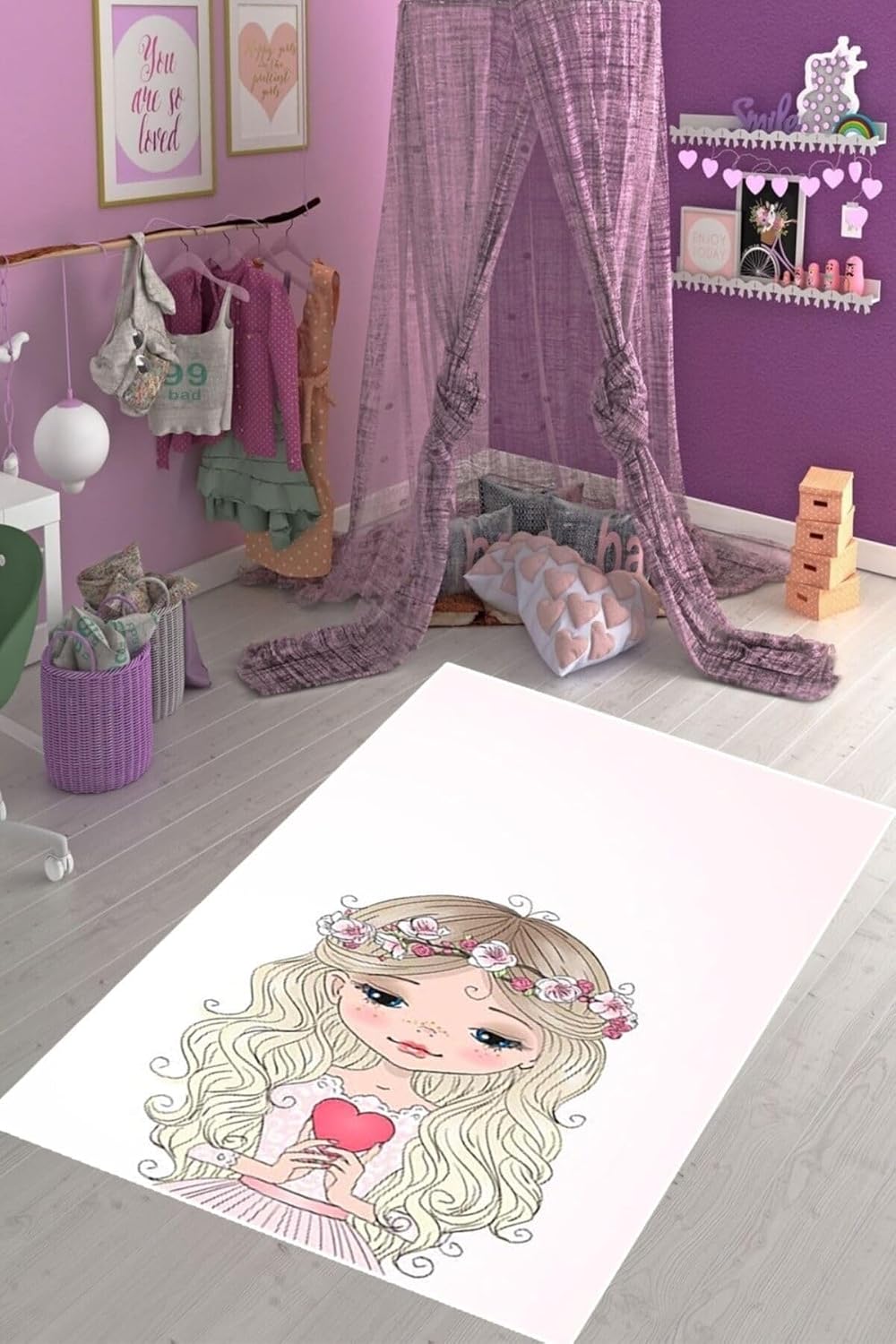 Pelangi Prenses Kız Desenli Kalpli Dijital Baskı Yıkanabilir Kaymaz Taban Genç Kız Odası Halısı, Beyaz 80 x 250