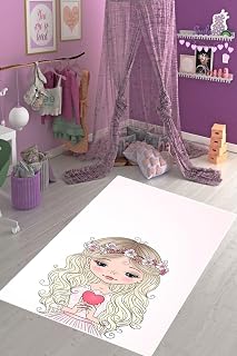 Pelangi Prenses Kız Desenli Kalpli Dijital Baskı Yıkanabilir Kaymaz Taban Genç Kız Odası Halısı, Beyaz 80 x 250