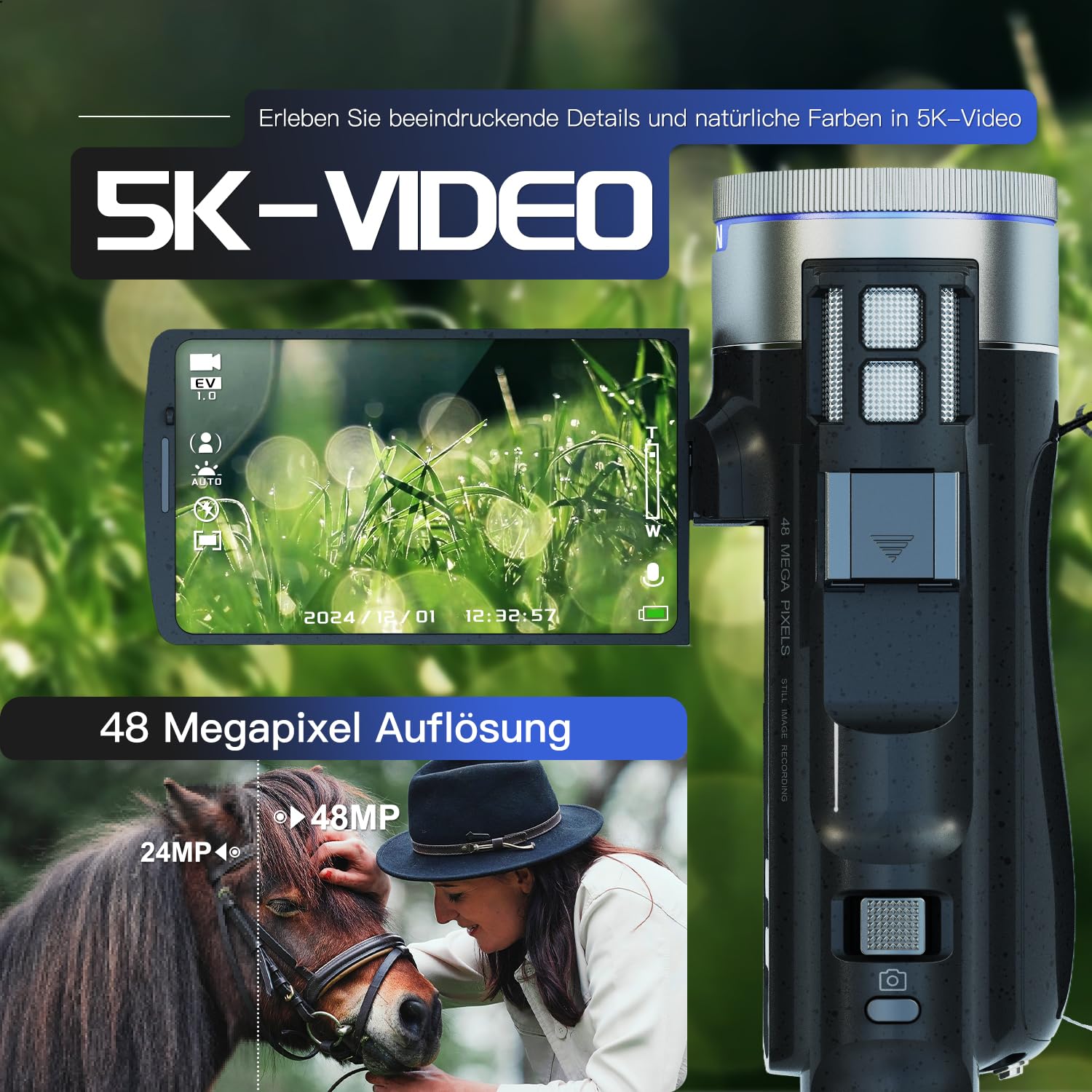 NBD 5K Camcorder 48MP F1.8 mit 16X Zoom & 270° Drehdisplay, 5K/30fps Video, WiFi – Profi-Vlog Kit inkl. 64GB + Mikrofon (Schwarz)